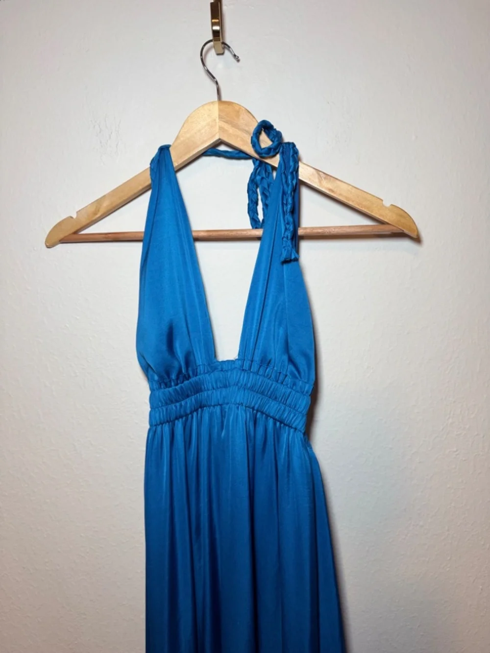 LoveShackFancy Blue Halter Maxi Dress Size 2 Backless Smocked Waist Flowy - Picture 3 of 9